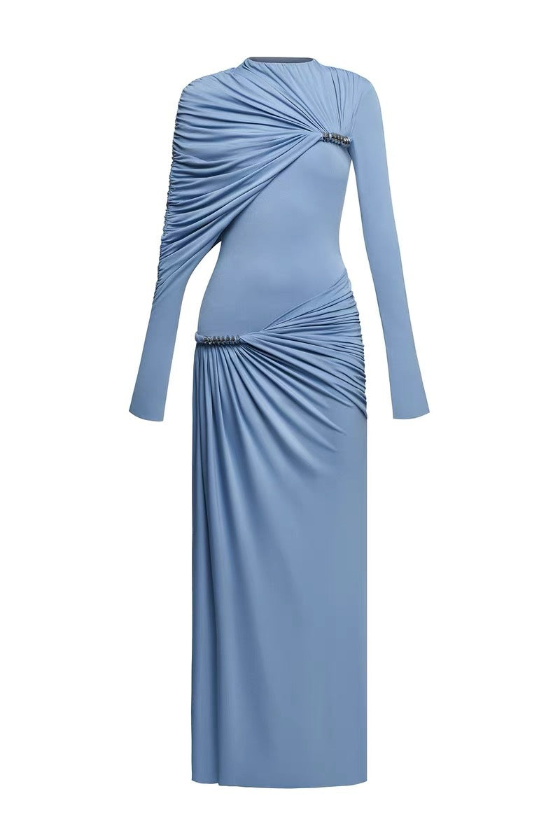 Driscoll Asymmetric Ruch Maxi Dress In Blue