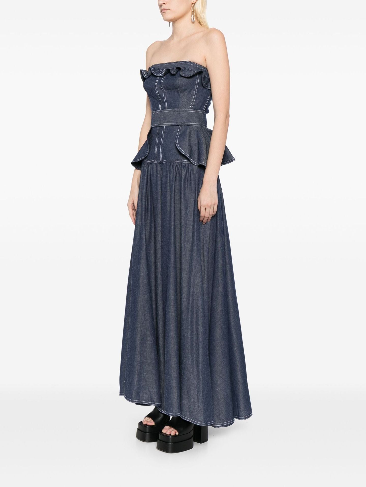 Jenta Ruffle Strapless Denim Maxi Dress