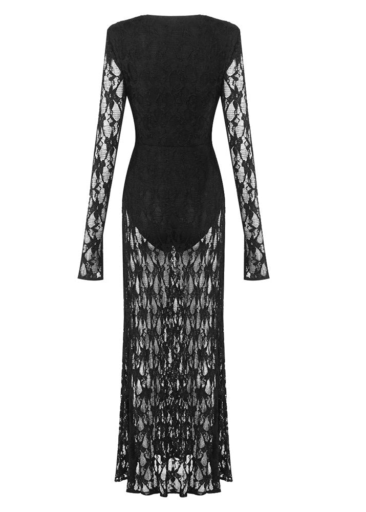 Herminia Lace Long-Sleeved Maxi Dress In Black