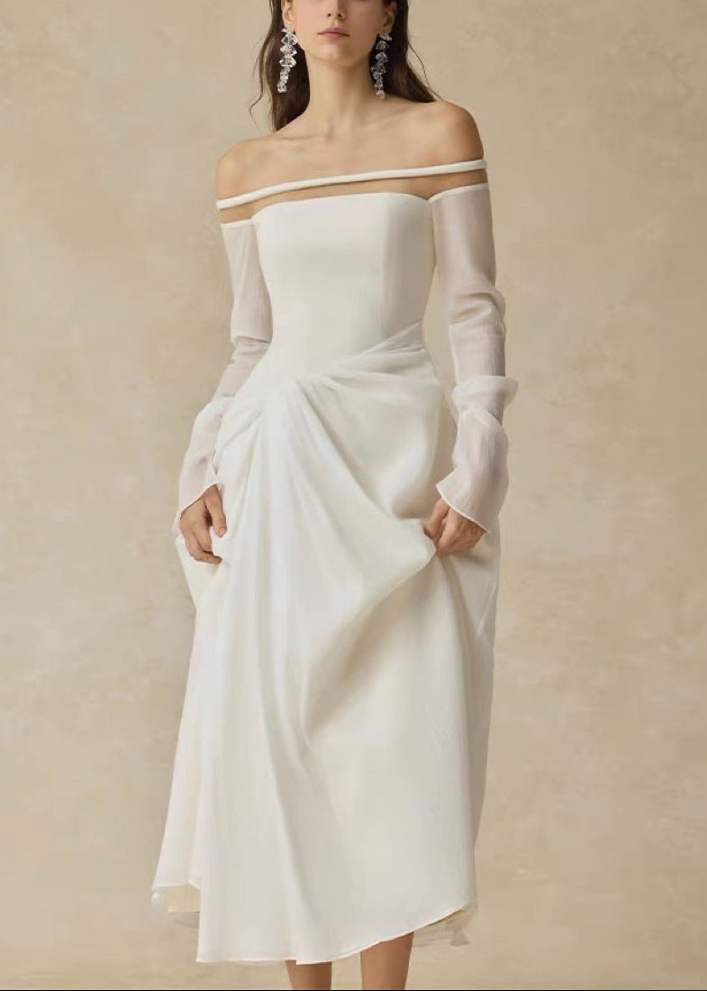 Deirdre Off Shoulder Ruch Mesh Midi Dress