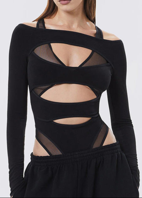 Apolinary Cutout Mesh Asymmetric Bodysuit