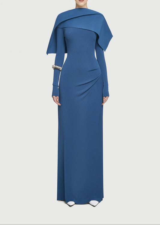 Bosmat Shawl Ruch Bodycon Maxi Dress In Blue