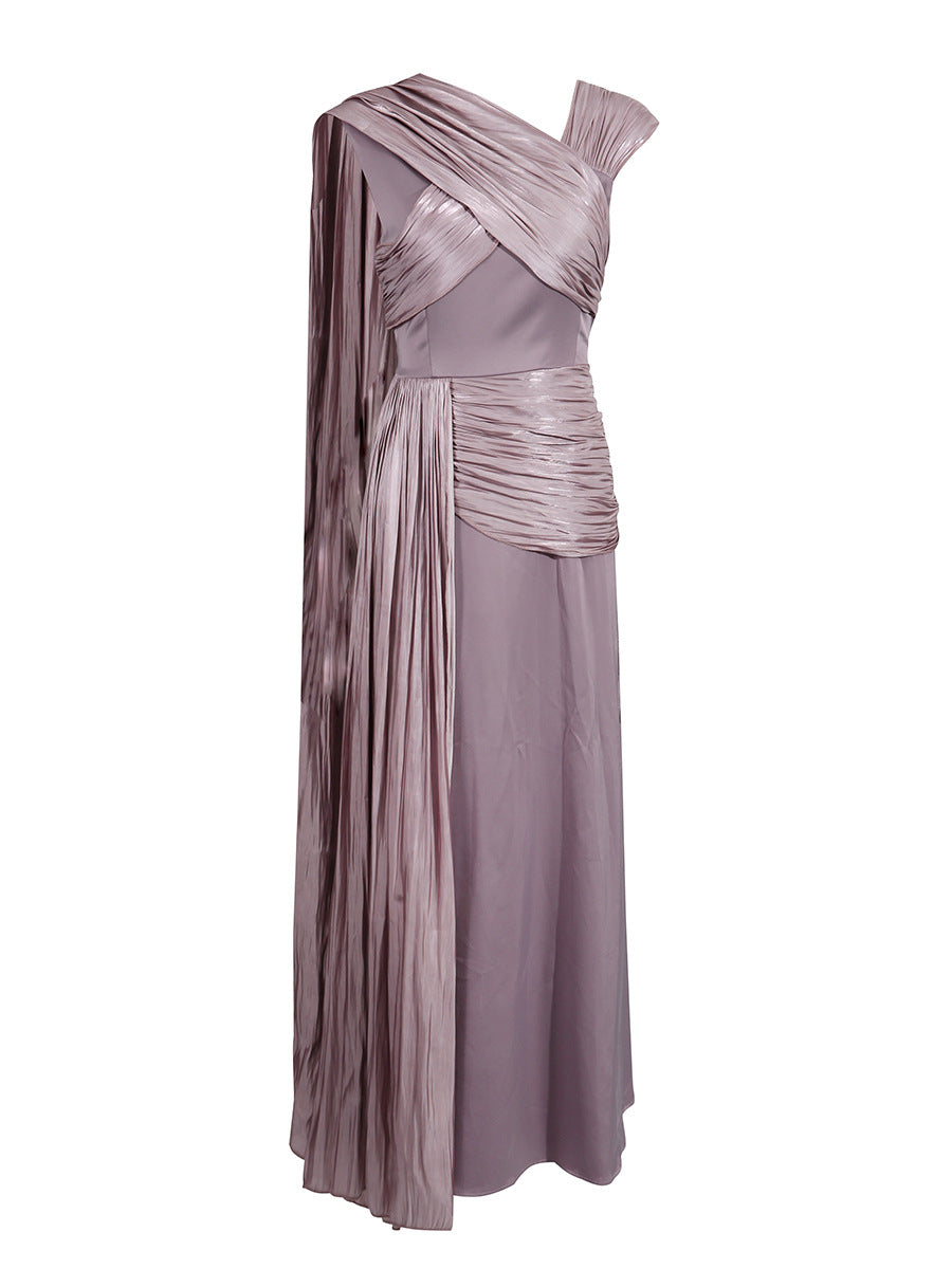 Edie Asymmetric Ruch Fringe Maxi Dress