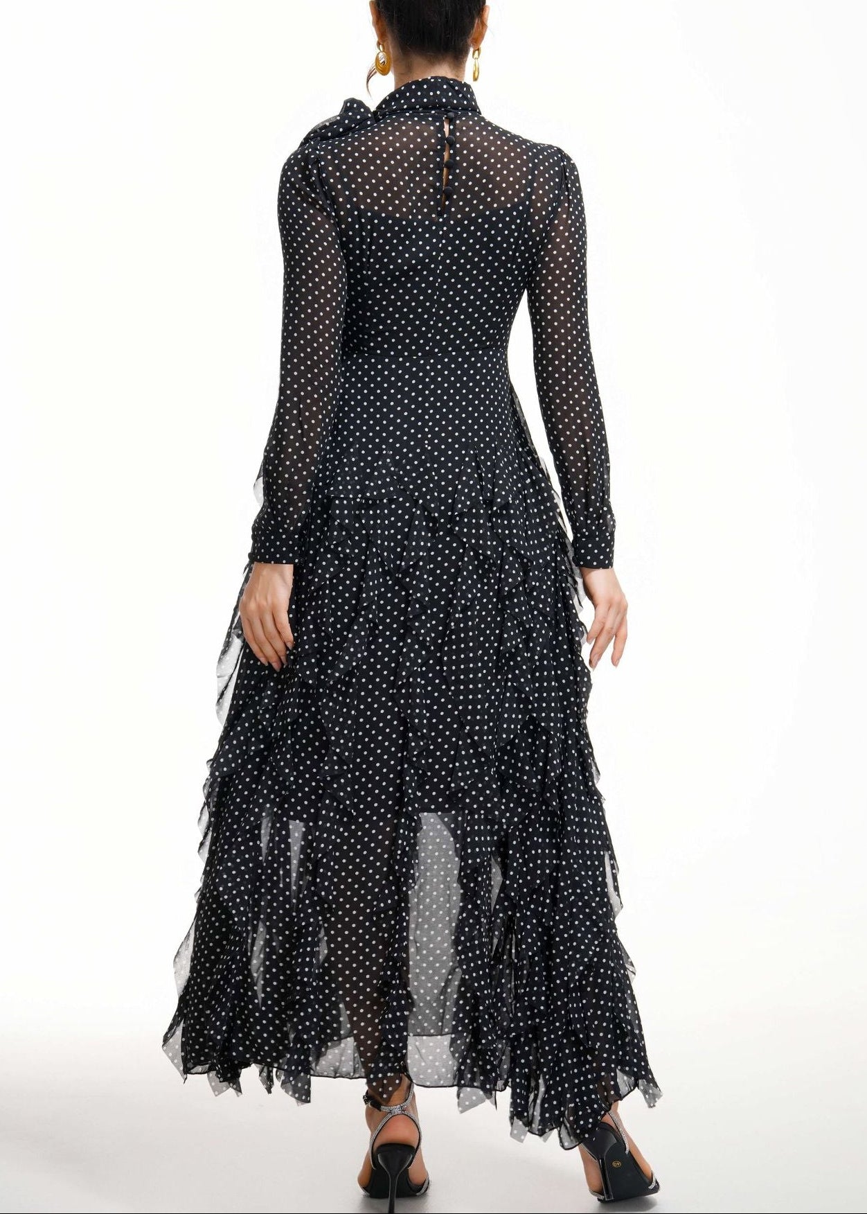 Dewitt Dot Bow Ruffle Maxi Dress In Black