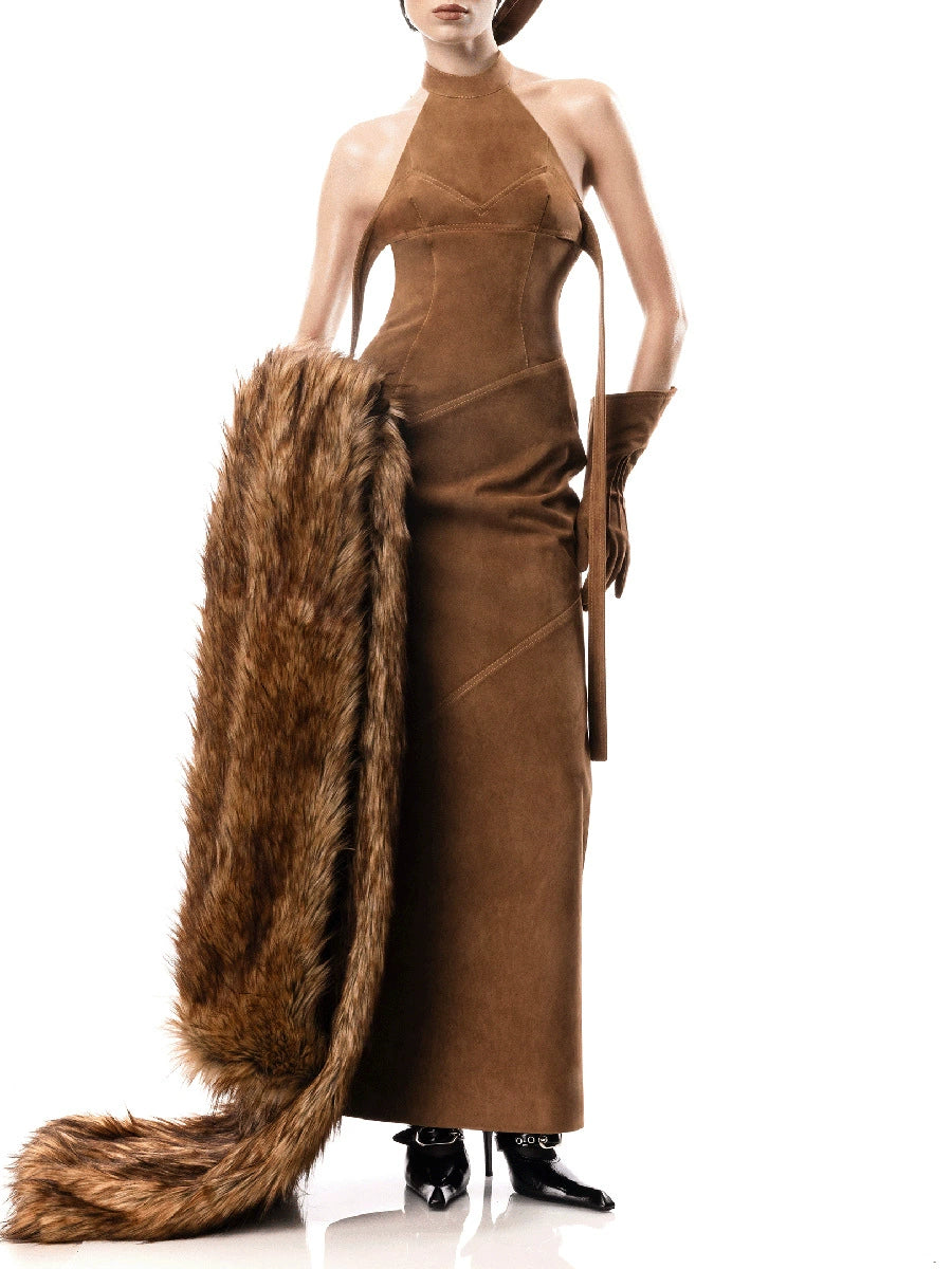 Damon Halter Neck Suede Maxi Dress