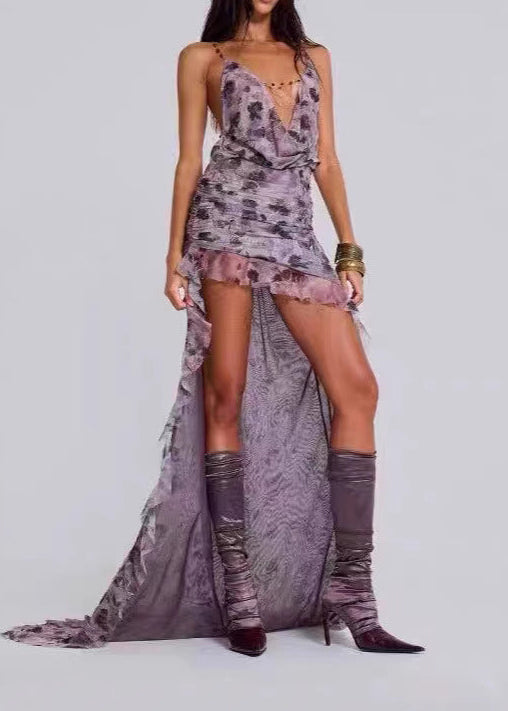 Braam Cow Neck Print Backless Maxi Dress