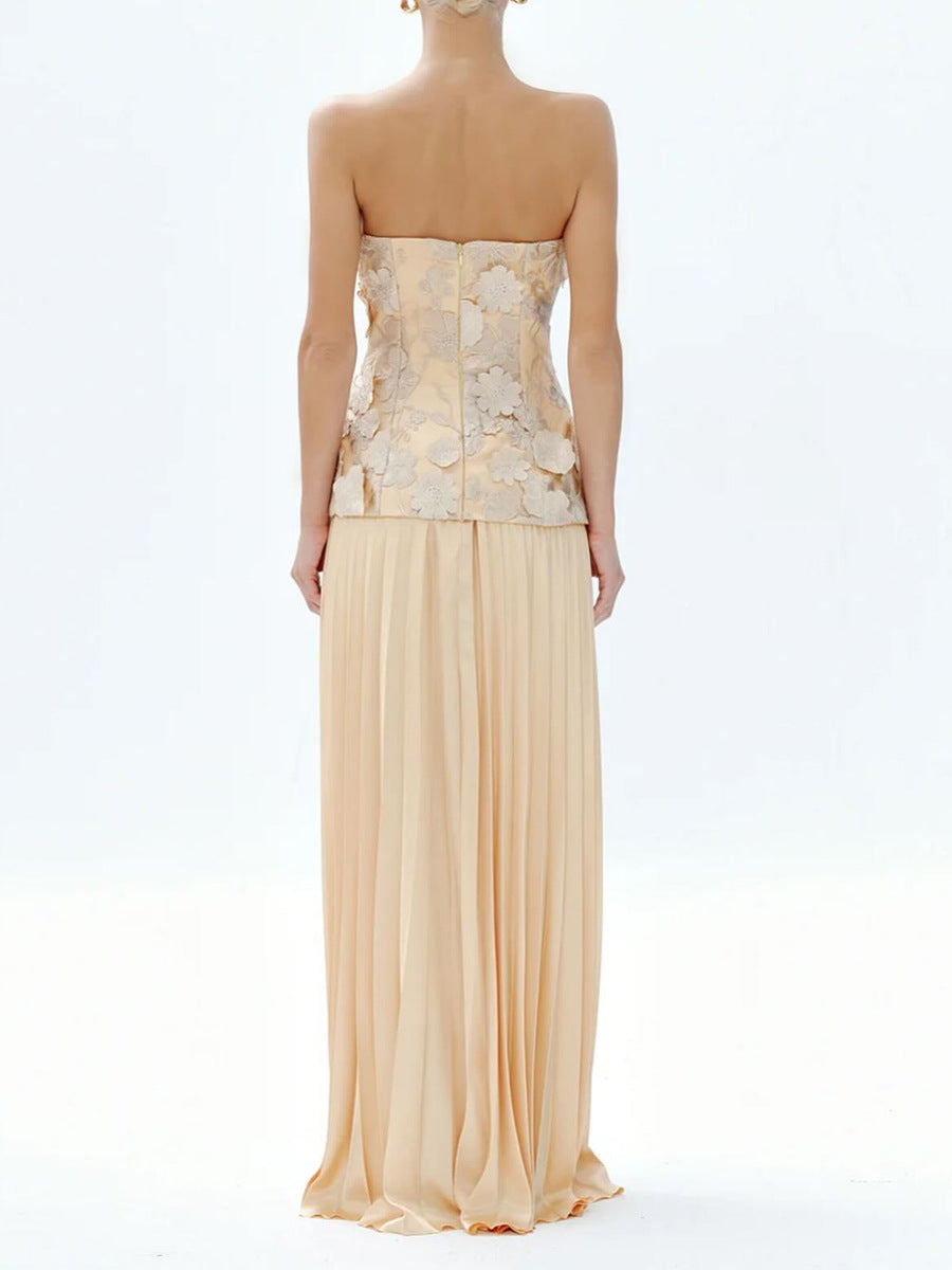 Doireann Strapless Flower Pleated Maxi Dress