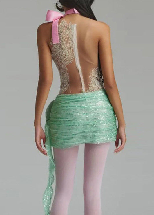 Dzvezda Mesh Sequin Flower Mini Dress