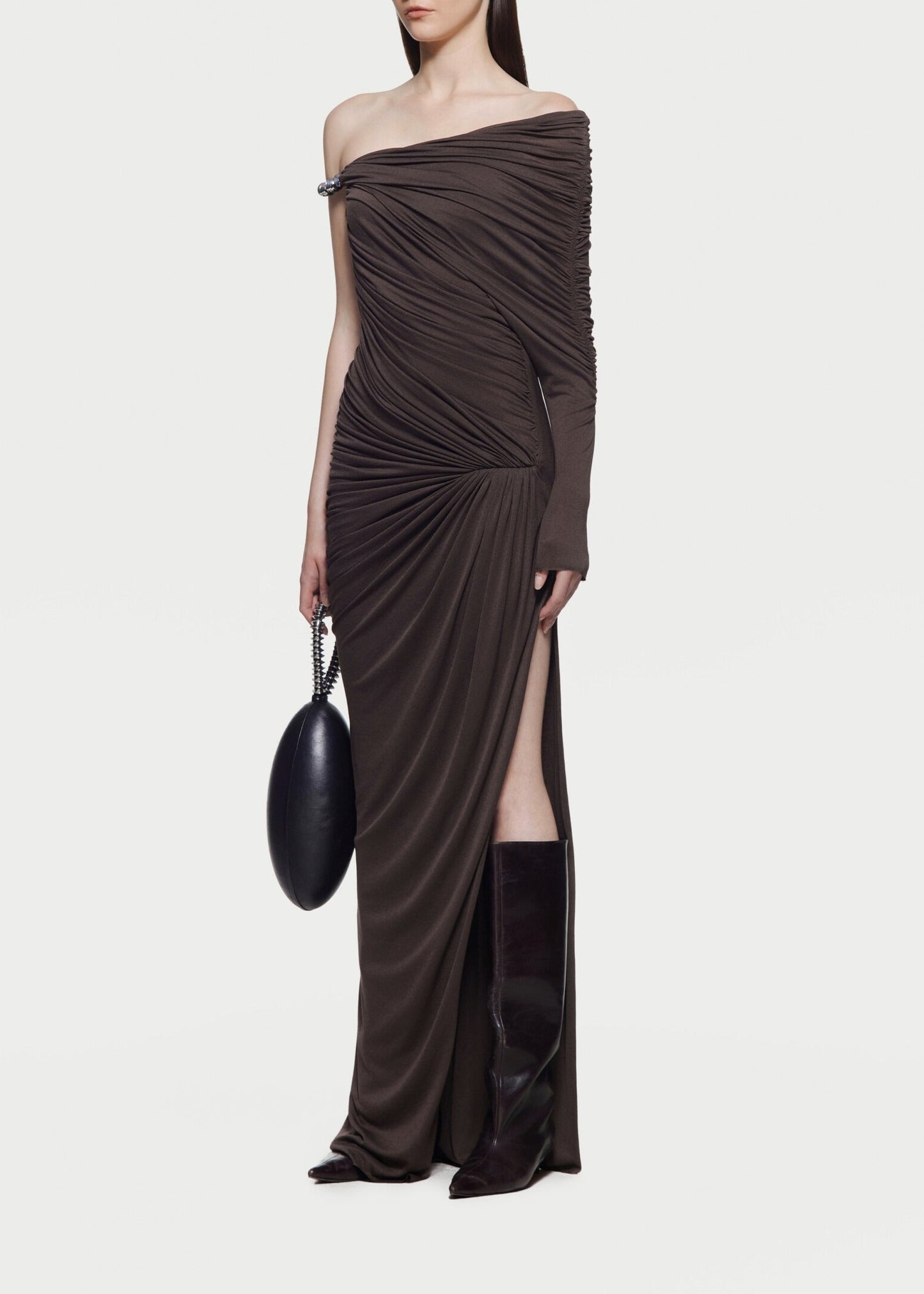 Hachiro Ruch Asymmetric Maxi Dress In Brown