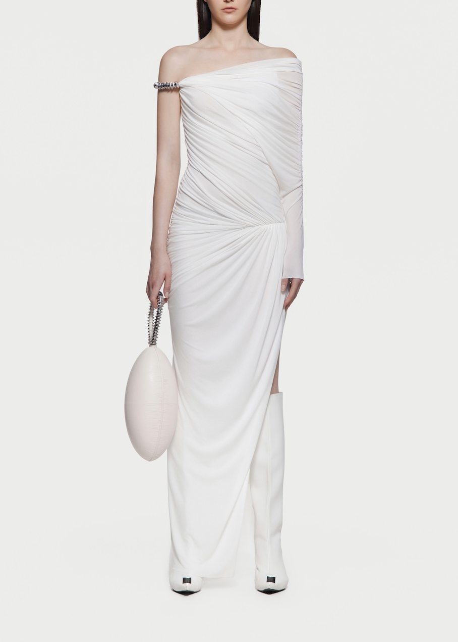 Hachiro Ruch Asymmetric Maxi Dress In White