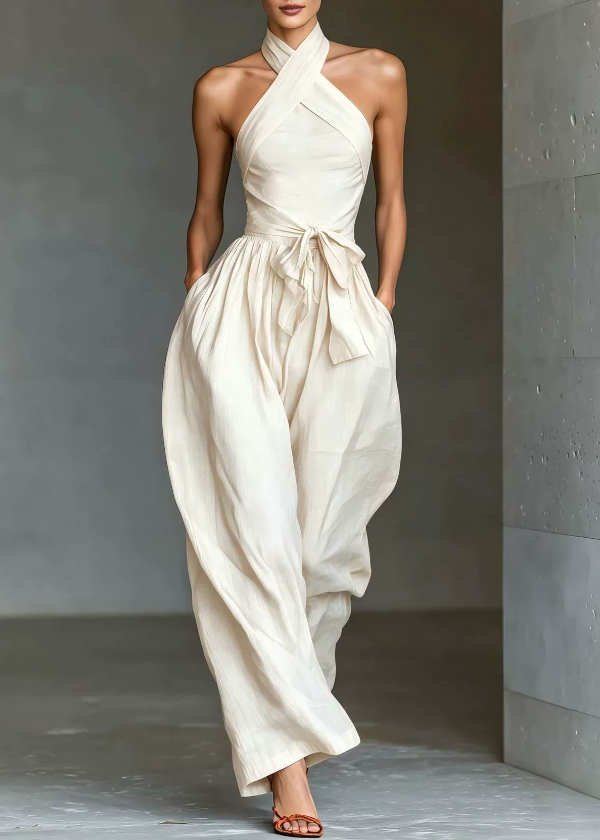 Kalare Halter Neck Tie Up Baggy Jumpsuit In White