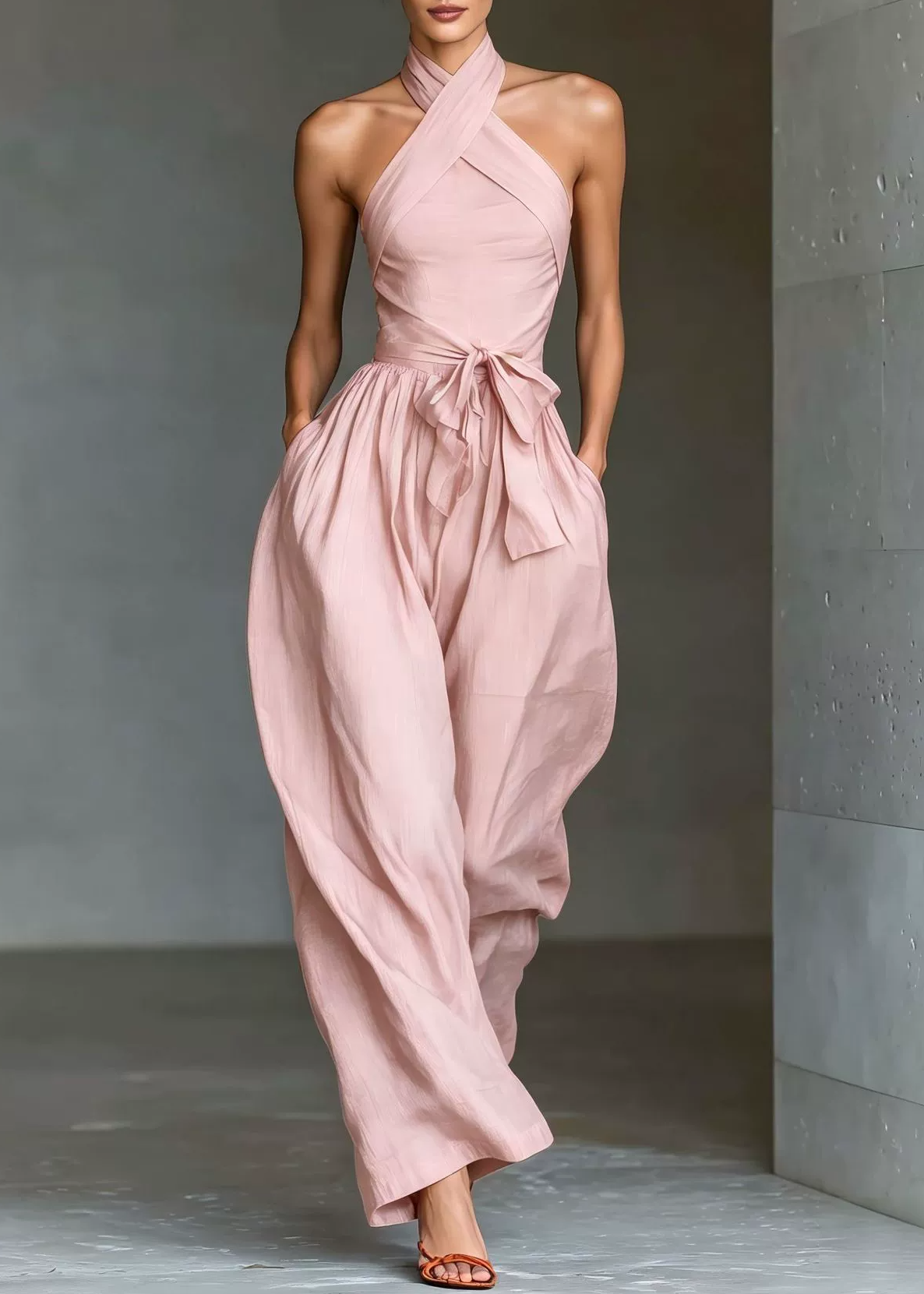 Kalare Halter Neck Tie Up Baggy Jumpsuit In Pink