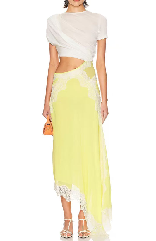 Fionnghuala Asymmetric Lace Satin Maxi Dress In Yellow