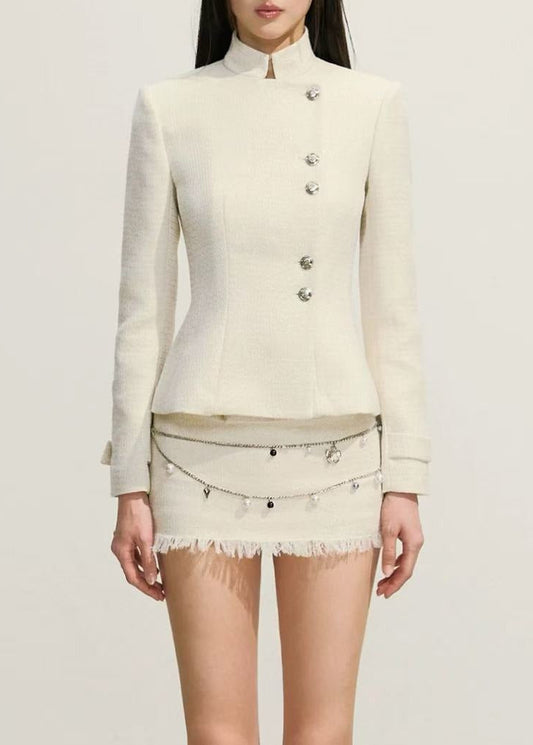 Fereydoun Tweed Fringe Skirt Set In White