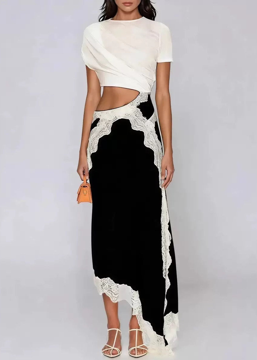 Fionnghuala Asymmetric Lace Satin Maxi Dress In Black