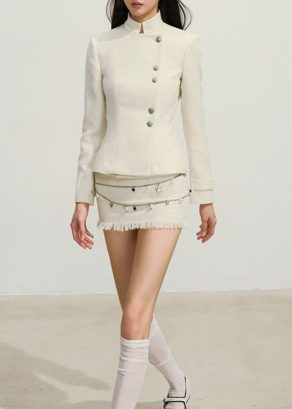 Fereydoun Tweed Fringe Skirt Set In White