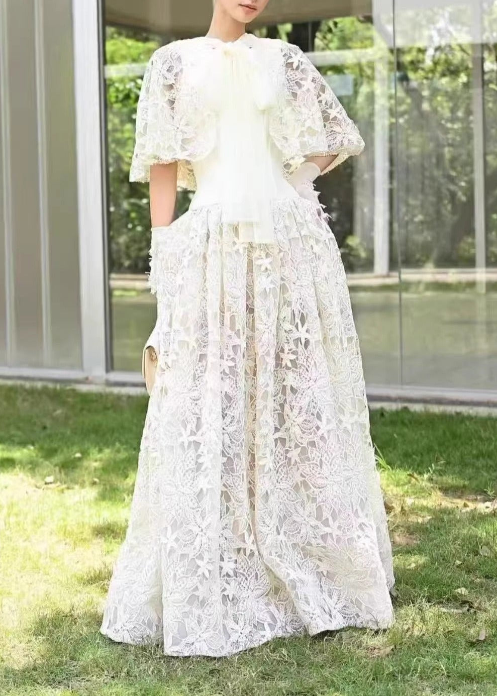 Gabino Tie Up Embroidered Maxi Dress In White