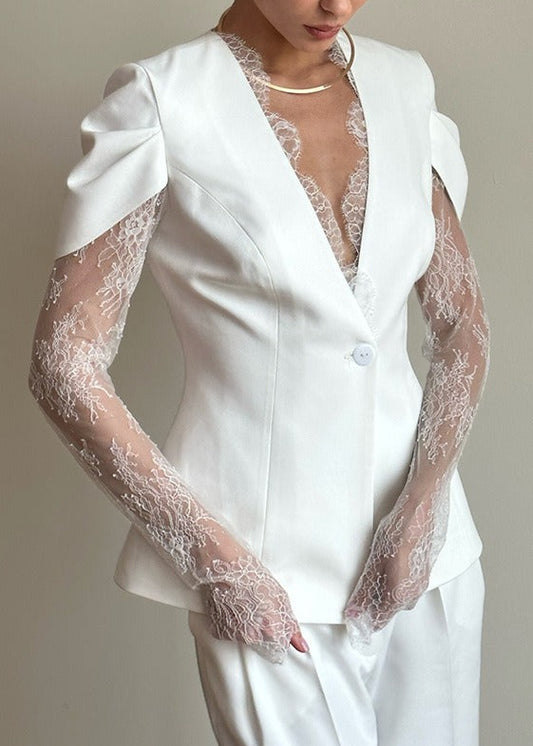 Felicidade Plunge Lace Blazer In White