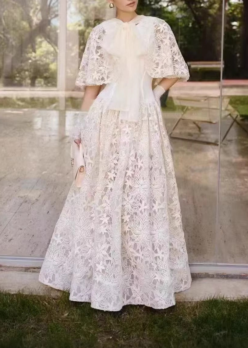 Gabino Tie Up Embroidered Maxi Dress In White