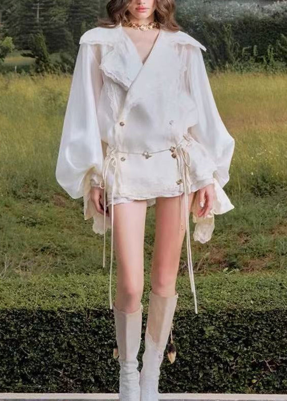 Iahmesu Balloon Sleeve Drawstring Skirt Set