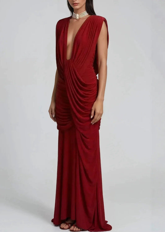 Giove Plunge Ruch Asymmetric Maxi Dress In Red