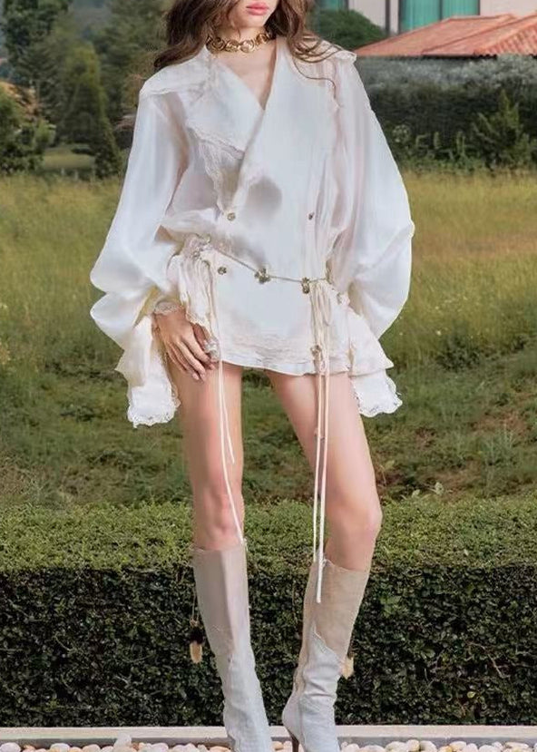Iahmesu Balloon Sleeve Drawstring Skirt Set