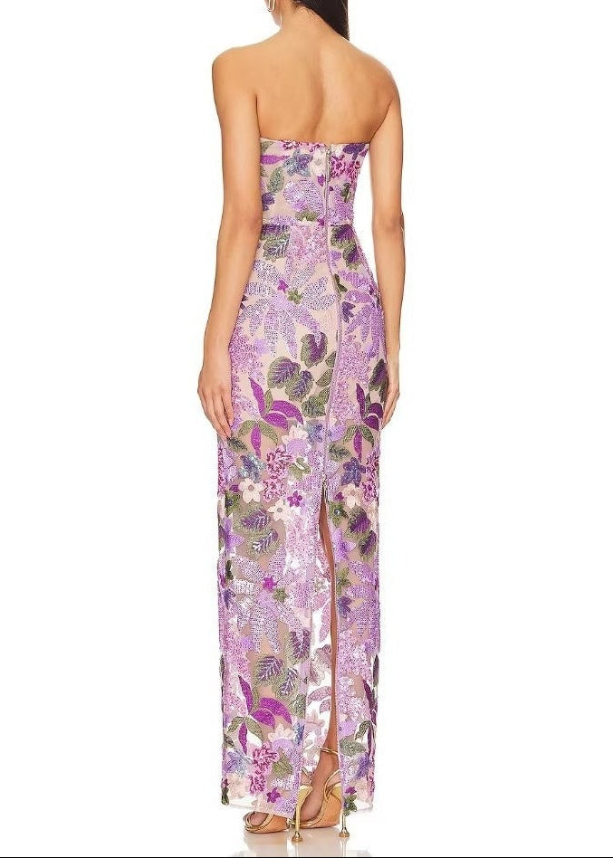 Denice Embroidered Sequin Floral Maxi Dress In Purple
