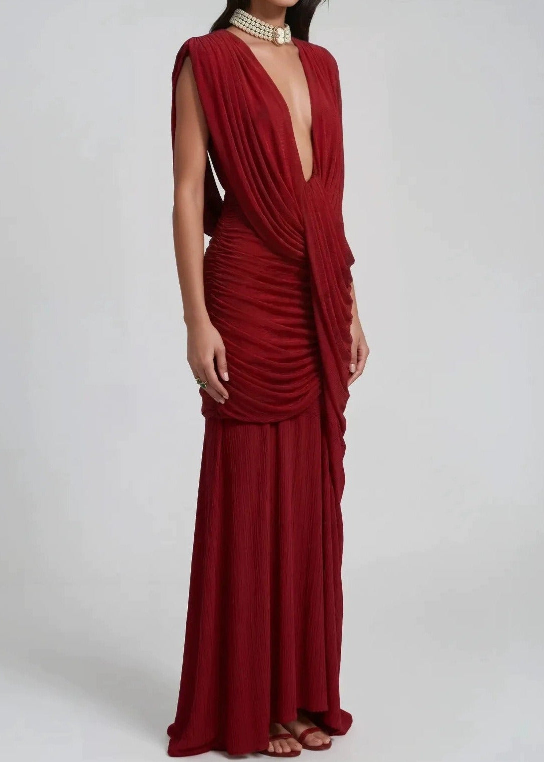 Giove Plunge Ruch Asymmetric Maxi Dress In Red