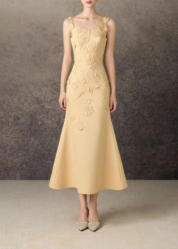 Jaagup Spaghetti Flower Mermaid Midi Dress In Yellow