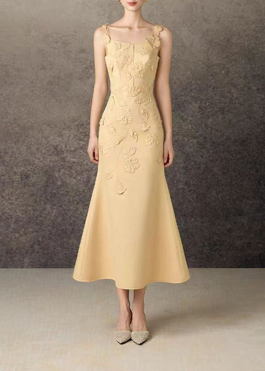 Jaagup Spaghetti Flower Mermaid Midi Dress In Yellow
