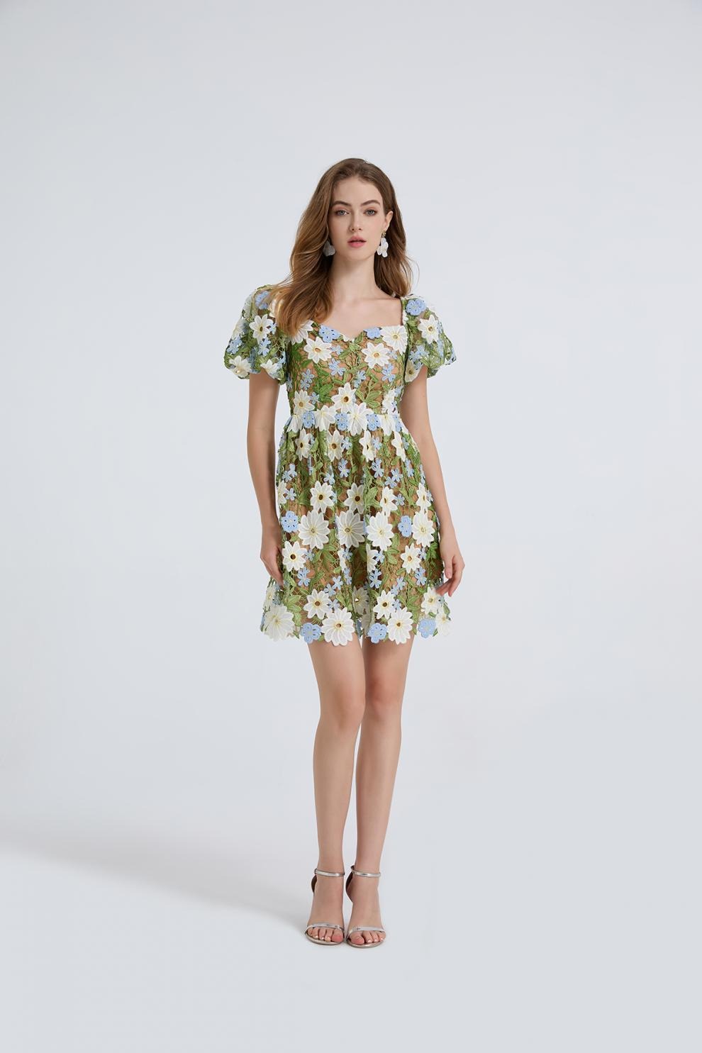 Ferruccio Puff Sleeve Flower Mini Dress