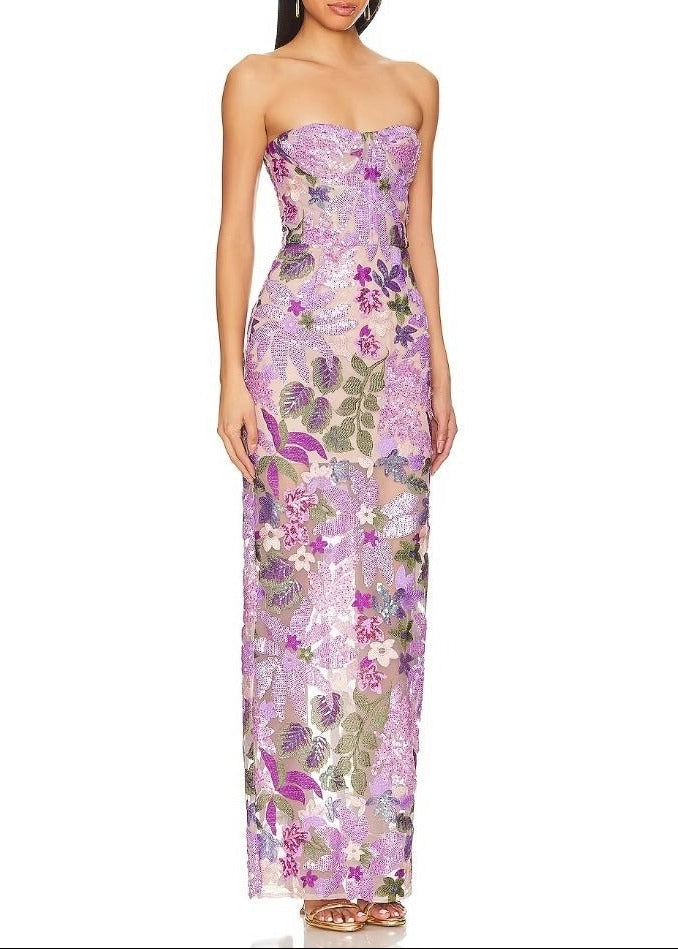 Denice Embroidered Sequin Floral Maxi Dress In Purple