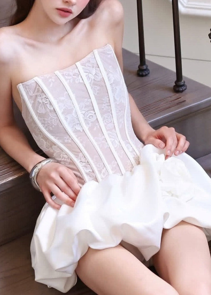 Erez Flower Lace Up Bubble Mini Dress In White