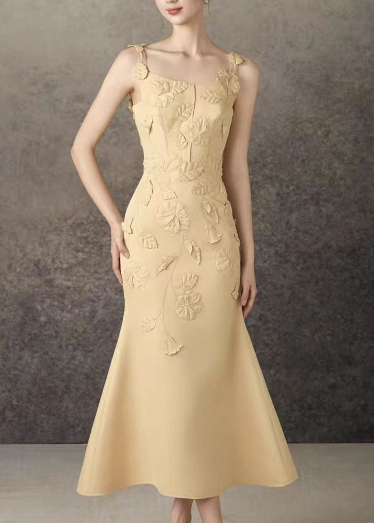 Jaagup Spaghetti Flower Mermaid Midi Dress In Yellow