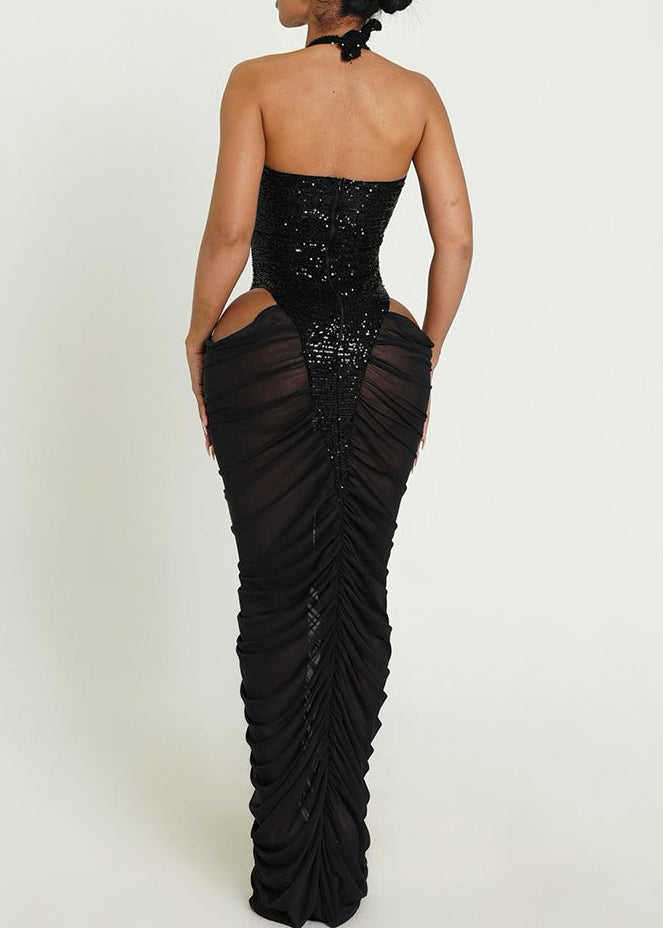 Endang Sequin Cutout Mesh Maxi Dress In Black