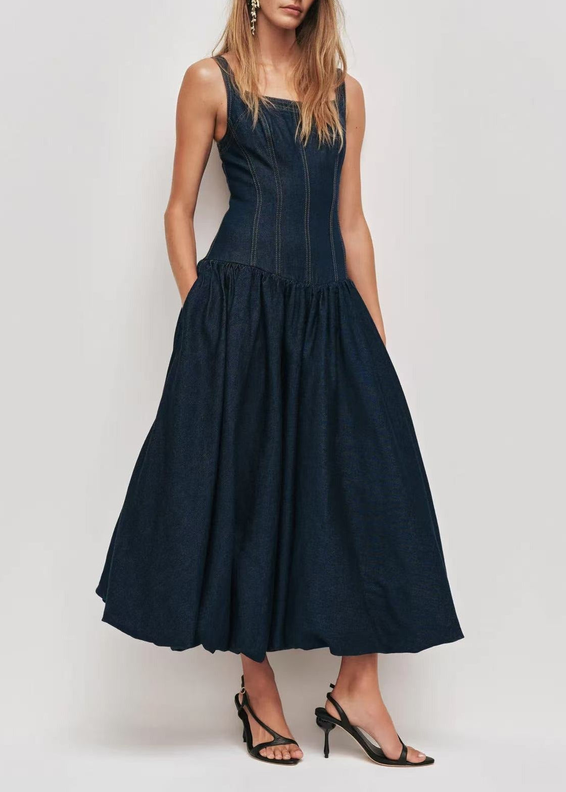Yota Sleeveless Denim Bubble Midi Dress