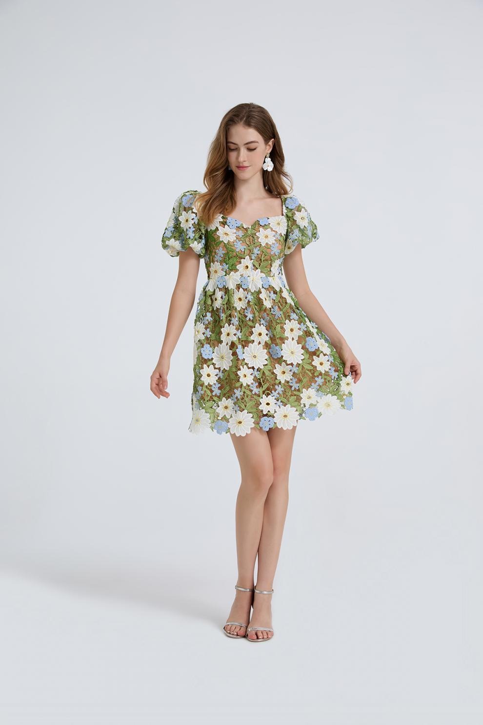 Ferruccio Puff Sleeve Flower Mini Dress