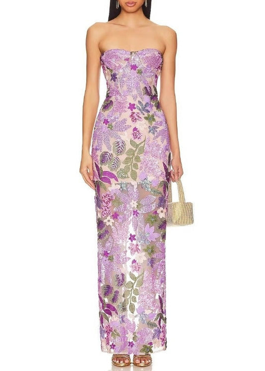 Denice Embroidered Sequin Floral Maxi Dress In Purple