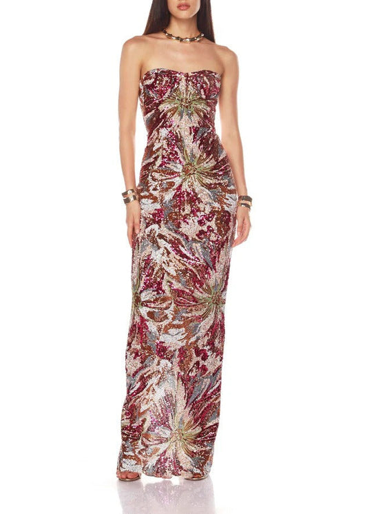 Denice Strapless Embellished Floral Maxi Dress