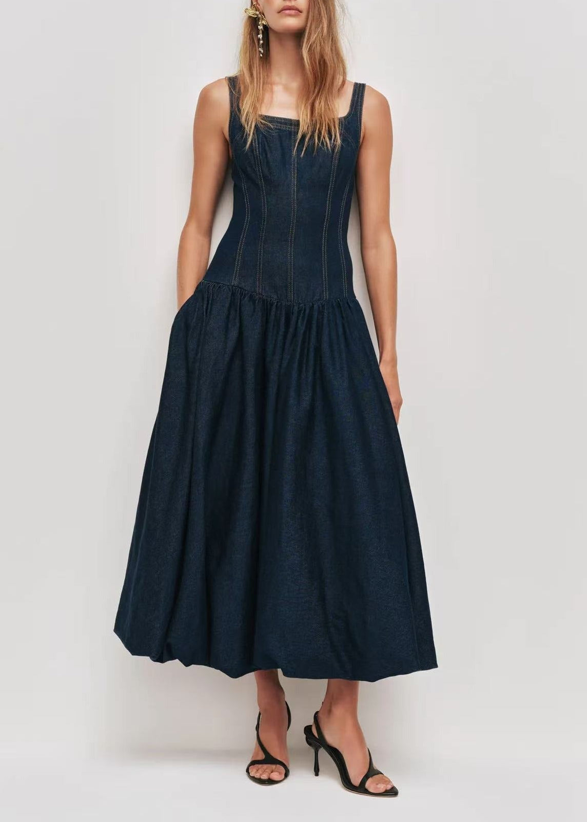 Yota Sleeveless Denim Bubble Midi Dress