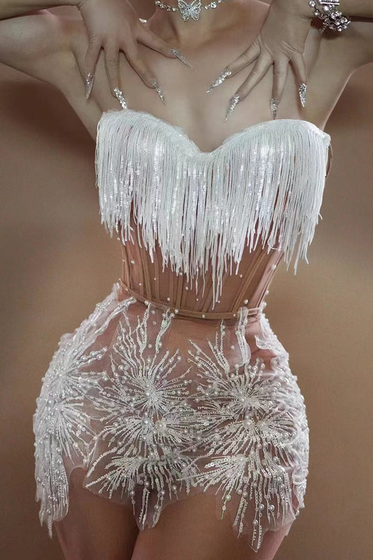 Herminius Fringe Pearl Mini Dress