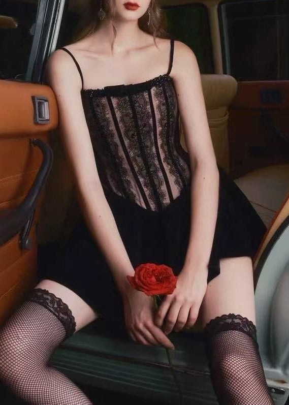 Galenos Velvet Lace Mini Dress