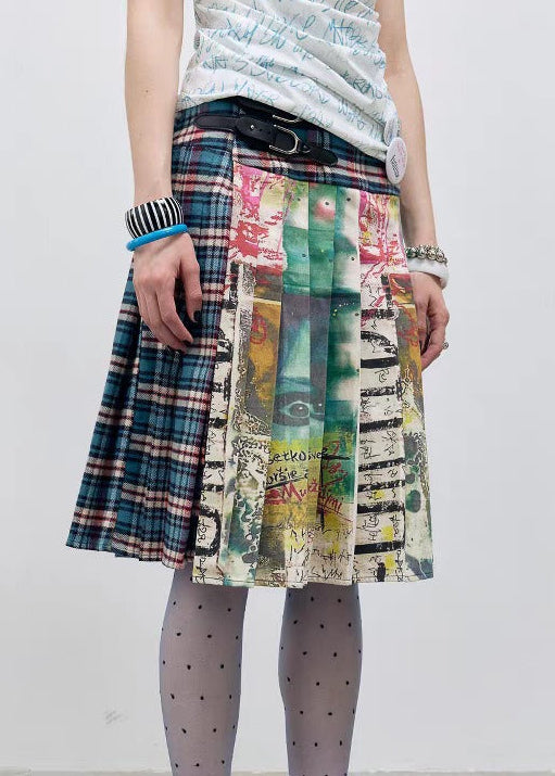 Ermentrud Print Plaid Pleated Midi Skirt