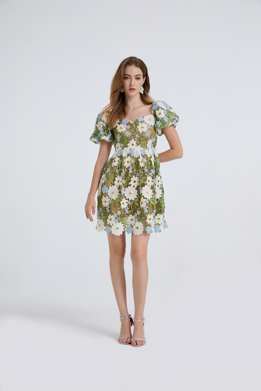 Ferruccio Puff Sleeve Flower Mini Dress