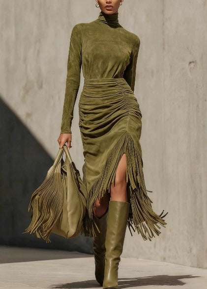 Ceylin Turtleneck Velvet Fringe Mini Dress