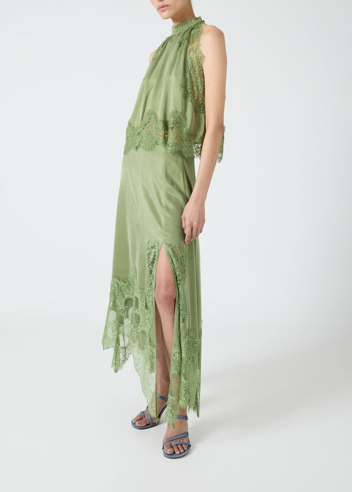Fester Sleeveless Lace Skirt Set In Sage