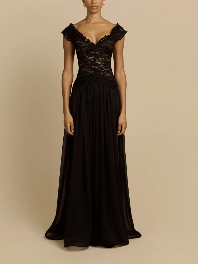 Ilmari V Neck Lace Mesh Maxi Dress