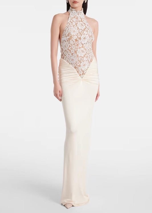 Enoque Halter Neck Ruch Lace Maxi Dress