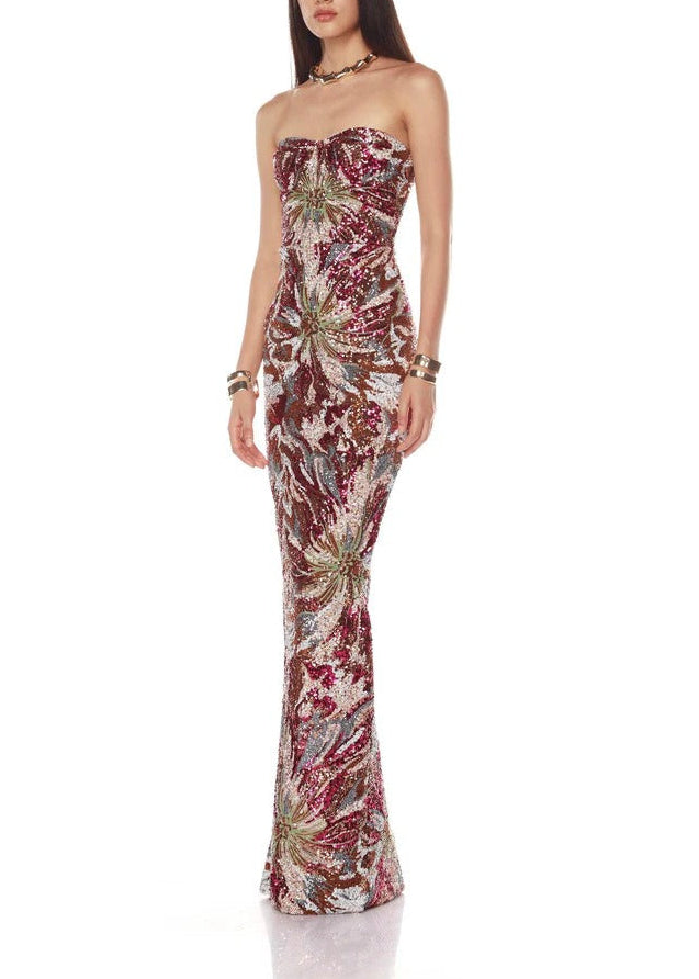 Denice Strapless Embellished Floral Maxi Dress