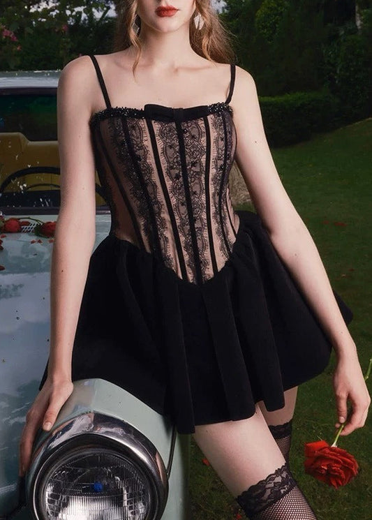 Galenos Velvet Lace Mini Dress